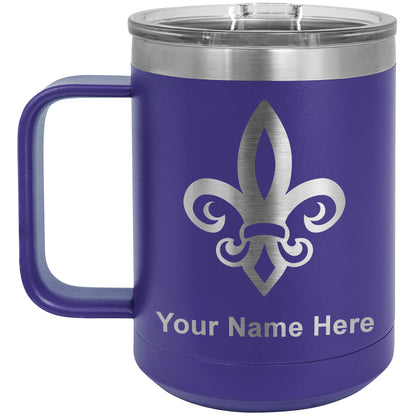 15oz Vacuum Insulated Coffee Mug, Fleur de Lis, Personalized Engraving Included