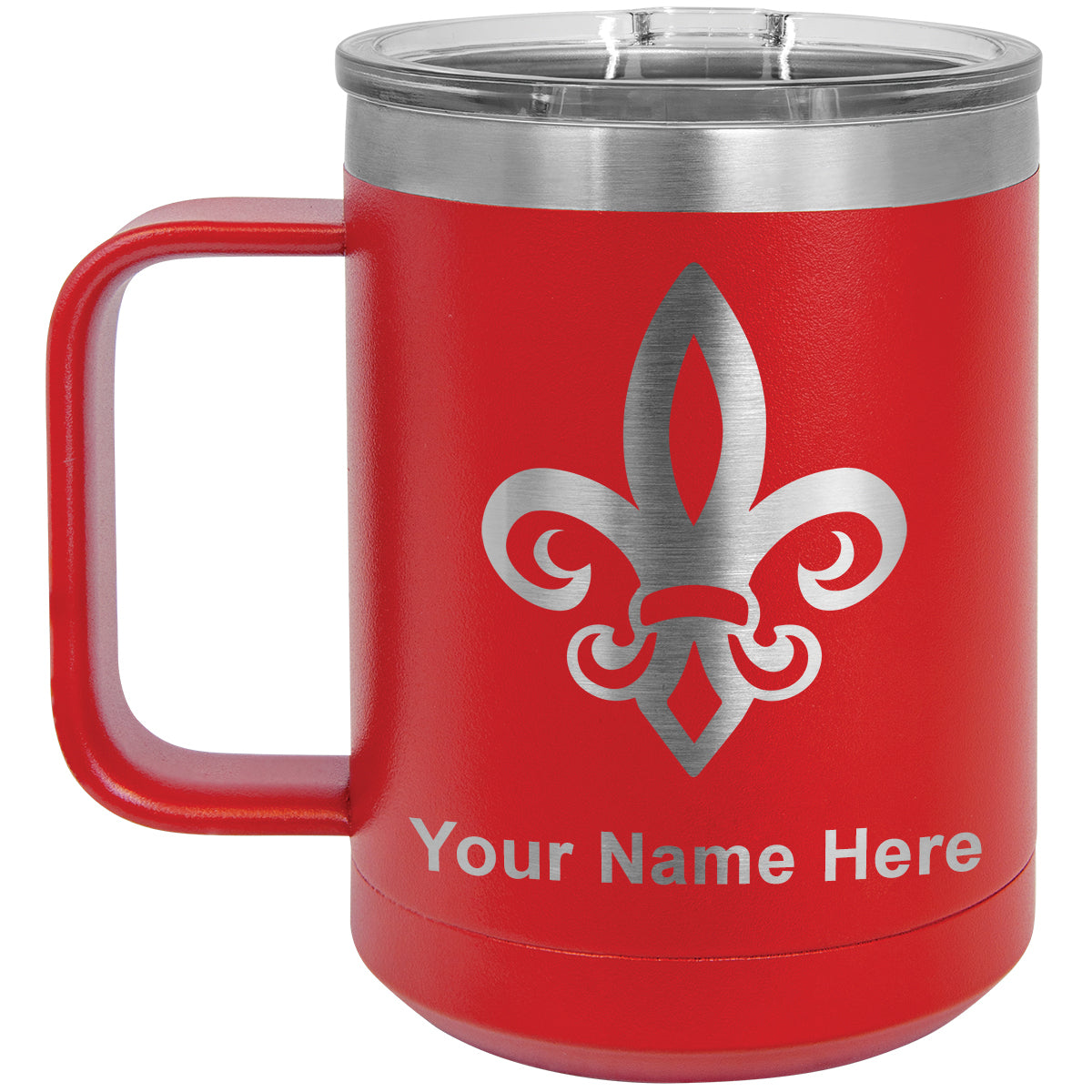 15oz Vacuum Insulated Coffee Mug, Fleur de Lis, Personalized Engraving Included