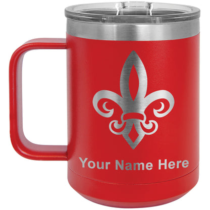 15oz Vacuum Insulated Coffee Mug, Fleur de Lis, Personalized Engraving Included