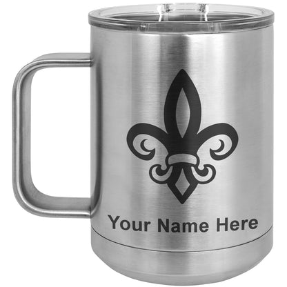 15oz Vacuum Insulated Coffee Mug, Fleur de Lis, Personalized Engraving Included