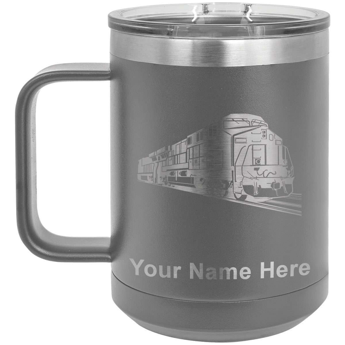 15oz Vacuum Insulated Coffee Mug, Freight Train, Personalized Engraving Included