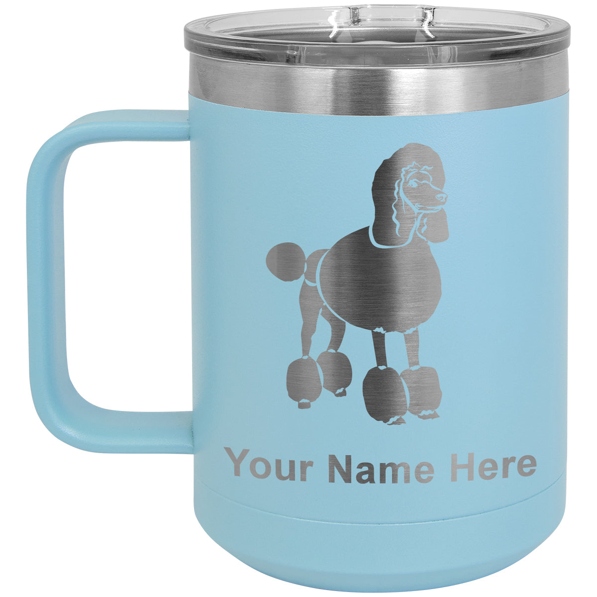 15oz Vacuum Insulated Coffee Mug, French Poodle Dog, Personalized Engraving Included