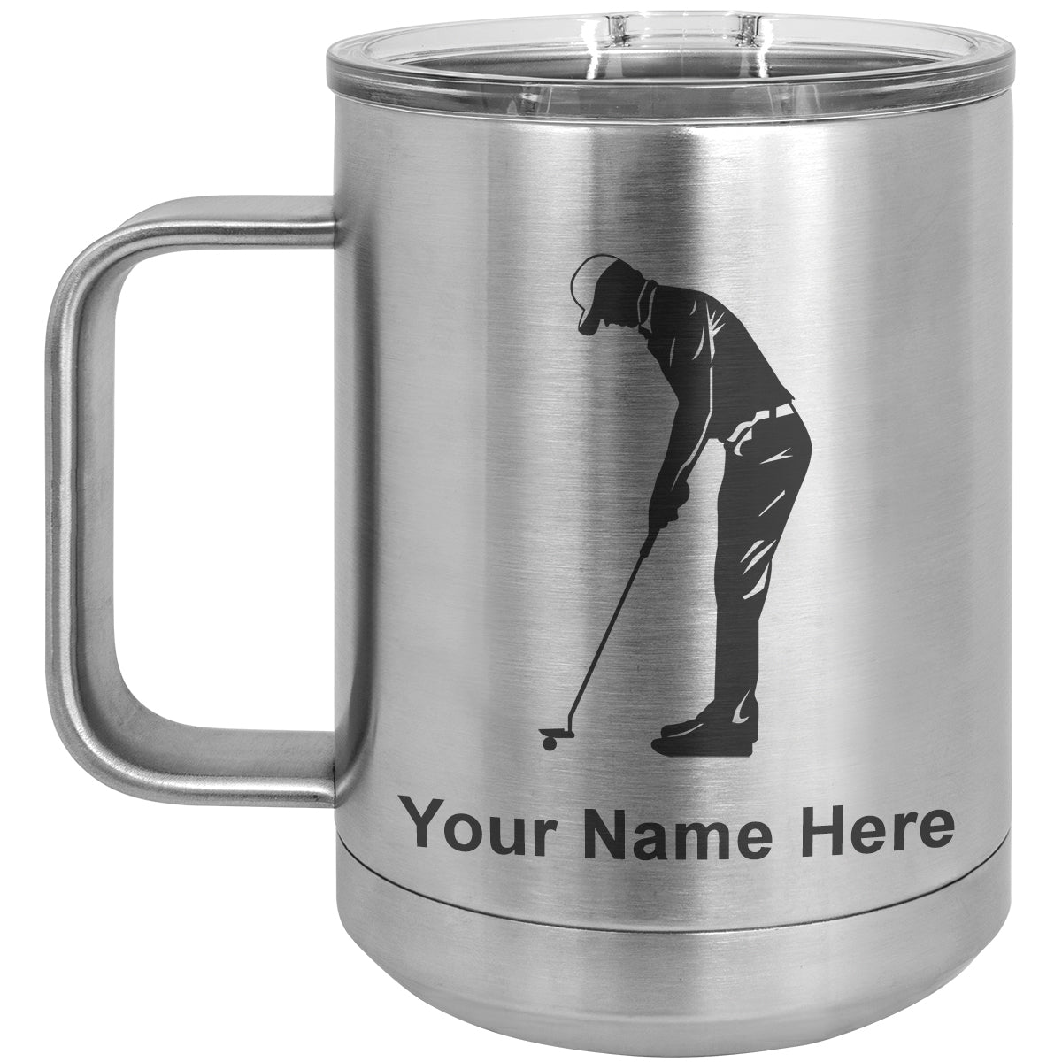 15oz Vacuum Insulated Coffee Mug, Golfer Putting, Personalized Engraving Included