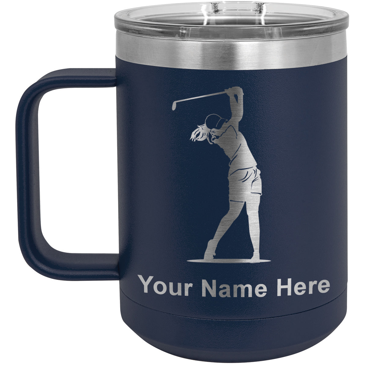 15oz Vacuum Insulated Coffee Mug, Golfer Woman, Personalized Engraving Included