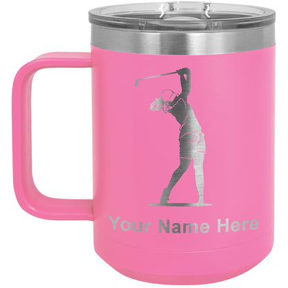 15oz Vacuum Insulated Coffee Mug, Golfer Woman, Personalized Engraving Included