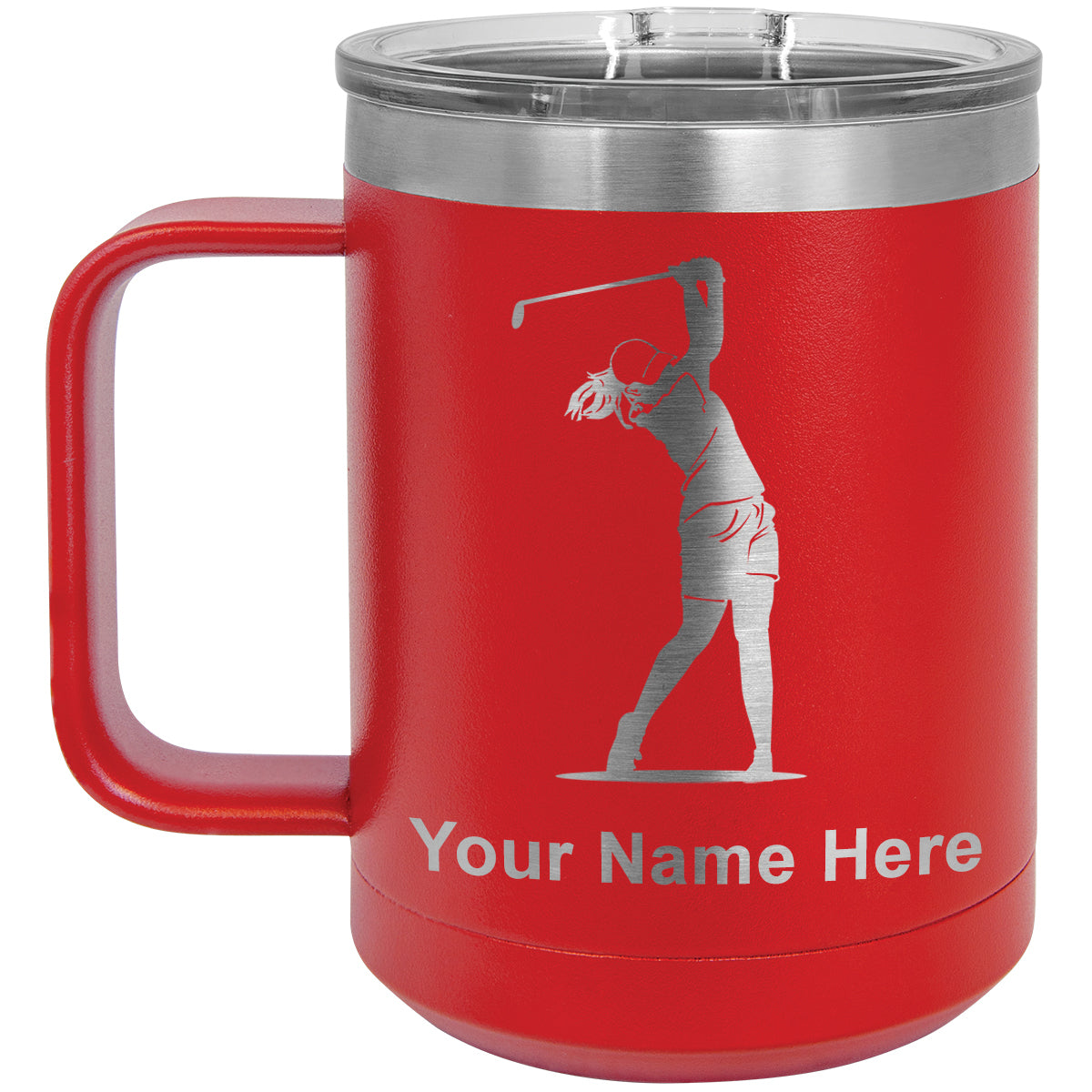 15oz Vacuum Insulated Coffee Mug, Golfer Woman, Personalized Engraving Included