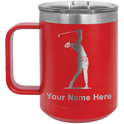15oz Vacuum Insulated Coffee Mug, Golfer Woman, Personalized Engraving Included