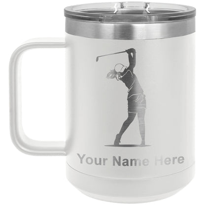 15oz Vacuum Insulated Coffee Mug, Golfer Woman, Personalized Engraving Included