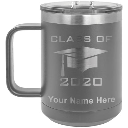 15oz Vacuum Insulated Coffee Mug, Grad Cap Class of 2020, 2021, 2022, 2023 2024, 2025, Personalized Engraving Included