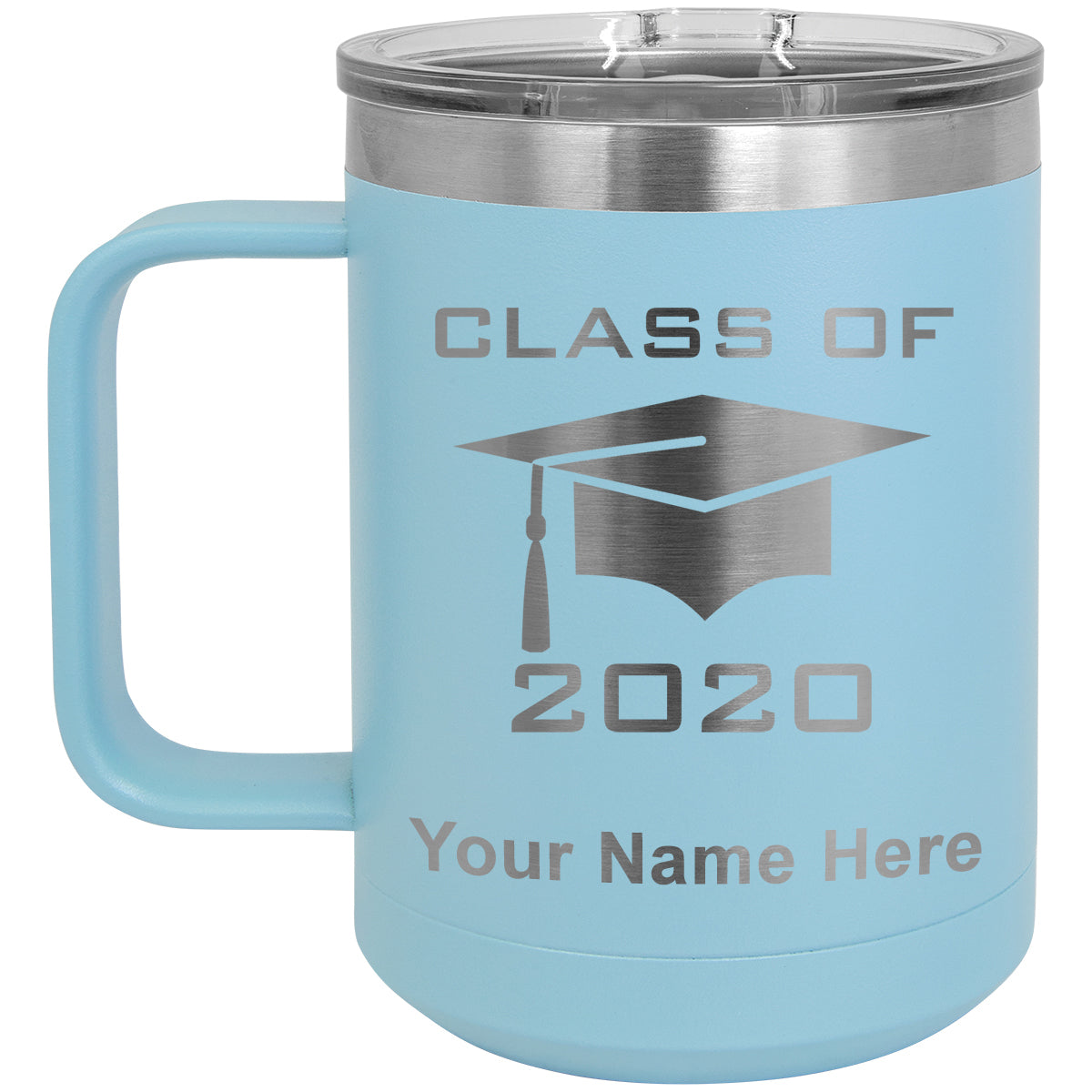 15oz Vacuum Insulated Coffee Mug, Grad Cap Class of 2020, 2021, 2022, 2023 2024, 2025, Personalized Engraving Included