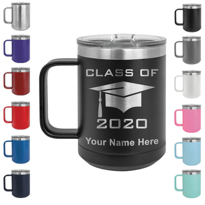 15oz Vacuum Insulated Coffee Mug, Grad Cap Class of 2020, 2021, 2022, 2023 2024, 2025, Personalized Engraving Included