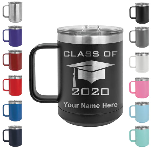 15oz Vacuum Insulated Coffee Mug, Grad Cap Class of 2020, 2021, 2022, 2023 2024, 2025, Personalized Engraving Included