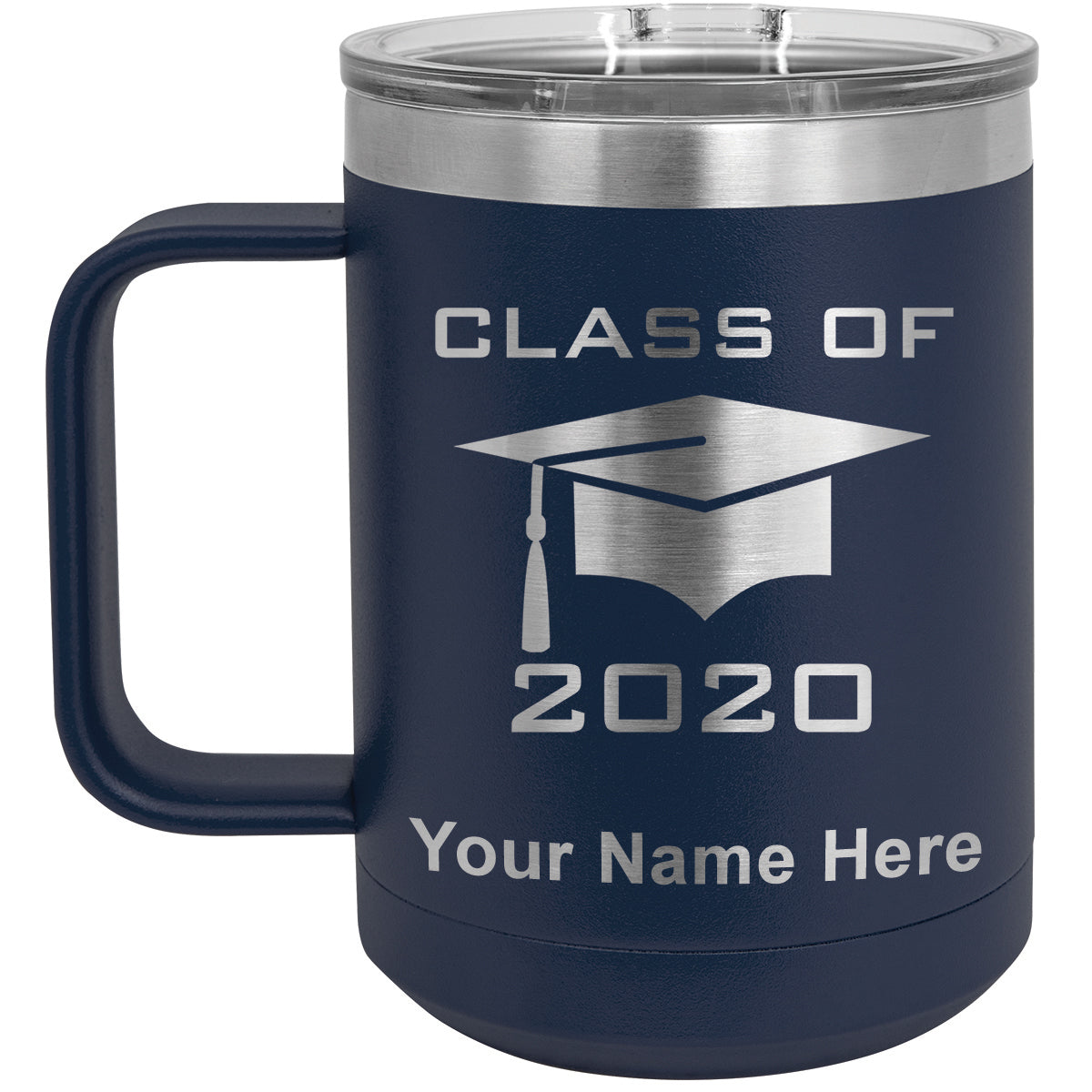 15oz Vacuum Insulated Coffee Mug, Grad Cap Class of 2020, 2021, 2022, 2023 2024, 2025, Personalized Engraving Included
