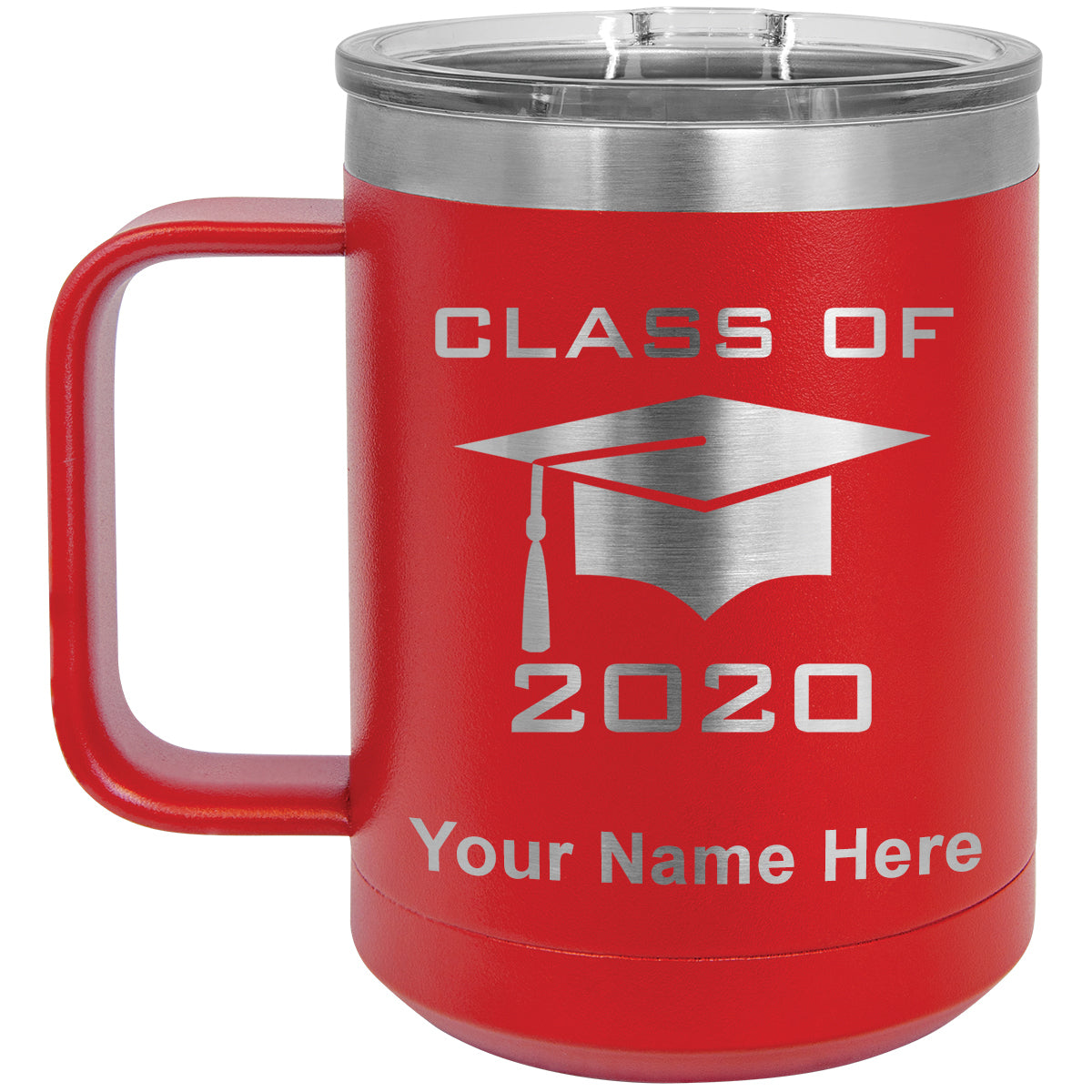 15oz Vacuum Insulated Coffee Mug, Grad Cap Class of 2020, 2021, 2022, 2023 2024, 2025, Personalized Engraving Included