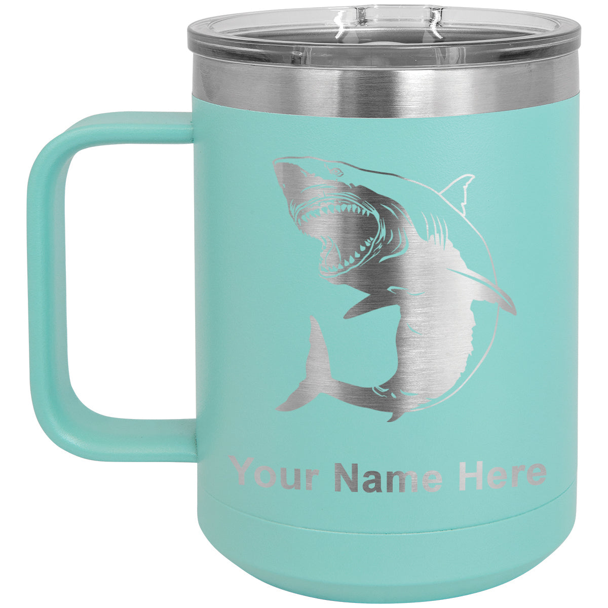 15oz Vacuum Insulated Coffee Mug, Great White Shark, Personalized Engraving Included