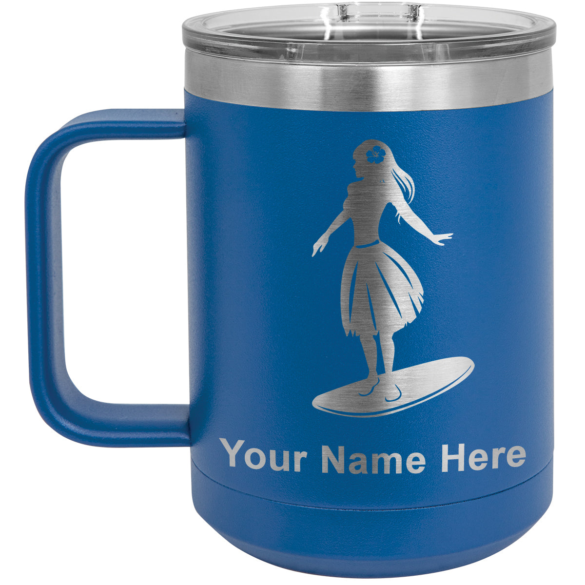 15oz Vacuum Insulated Coffee Mug, Hawaiian Surfer Girl, Personalized Engraving Included