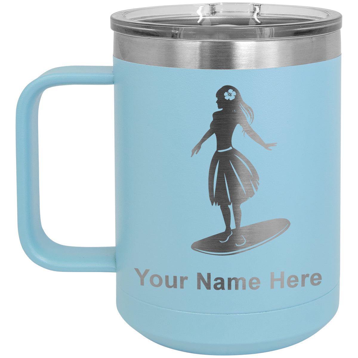 15oz Vacuum Insulated Coffee Mug, Hawaiian Surfer Girl, Personalized Engraving Included
