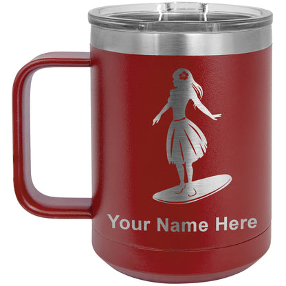 15oz Vacuum Insulated Coffee Mug, Hawaiian Surfer Girl, Personalized Engraving Included