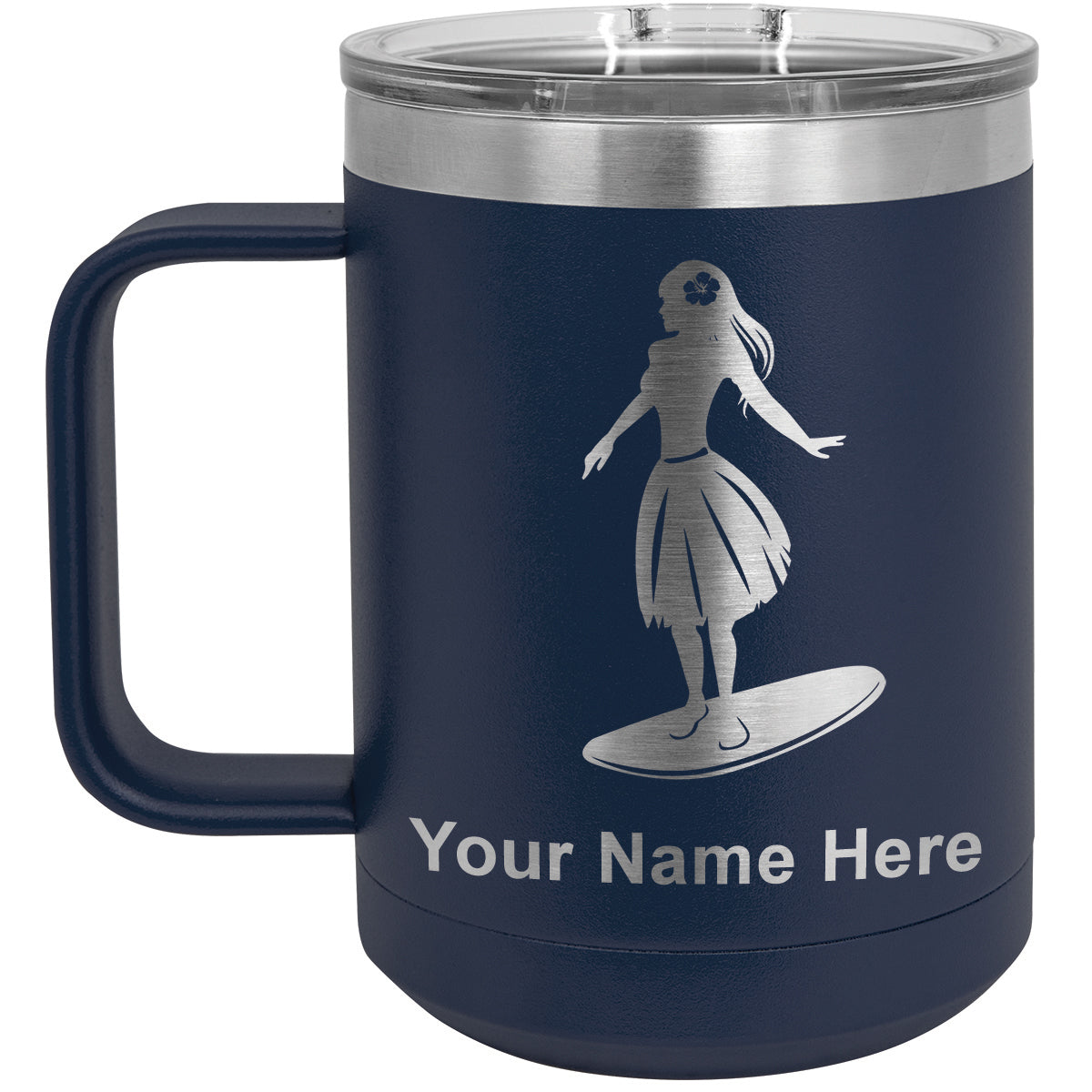 15oz Vacuum Insulated Coffee Mug, Hawaiian Surfer Girl, Personalized Engraving Included