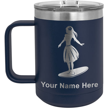15oz Vacuum Insulated Coffee Mug, Hawaiian Surfer Girl, Personalized Engraving Included