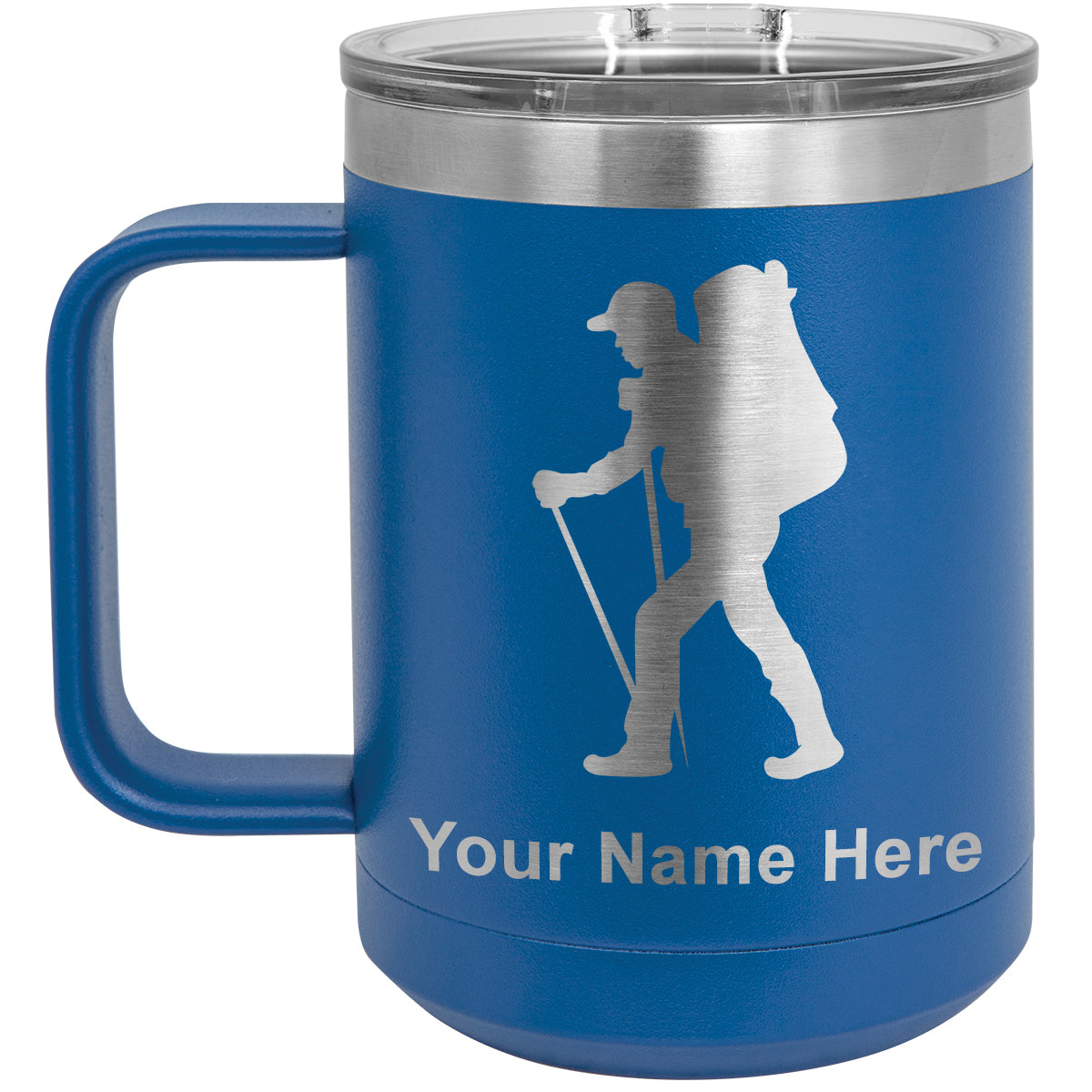 15oz Vacuum Insulated Coffee Mug, Hiker Man, Personalized Engraving Included