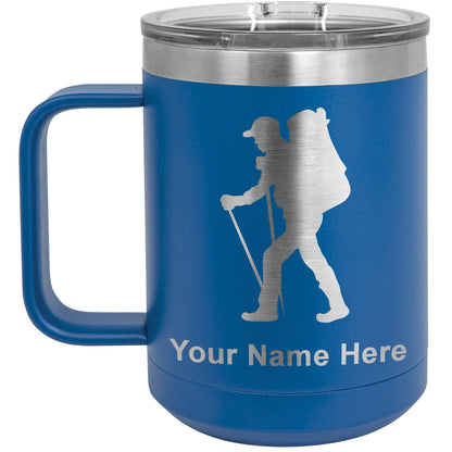 15oz Vacuum Insulated Coffee Mug, Hiker Man, Personalized Engraving Included