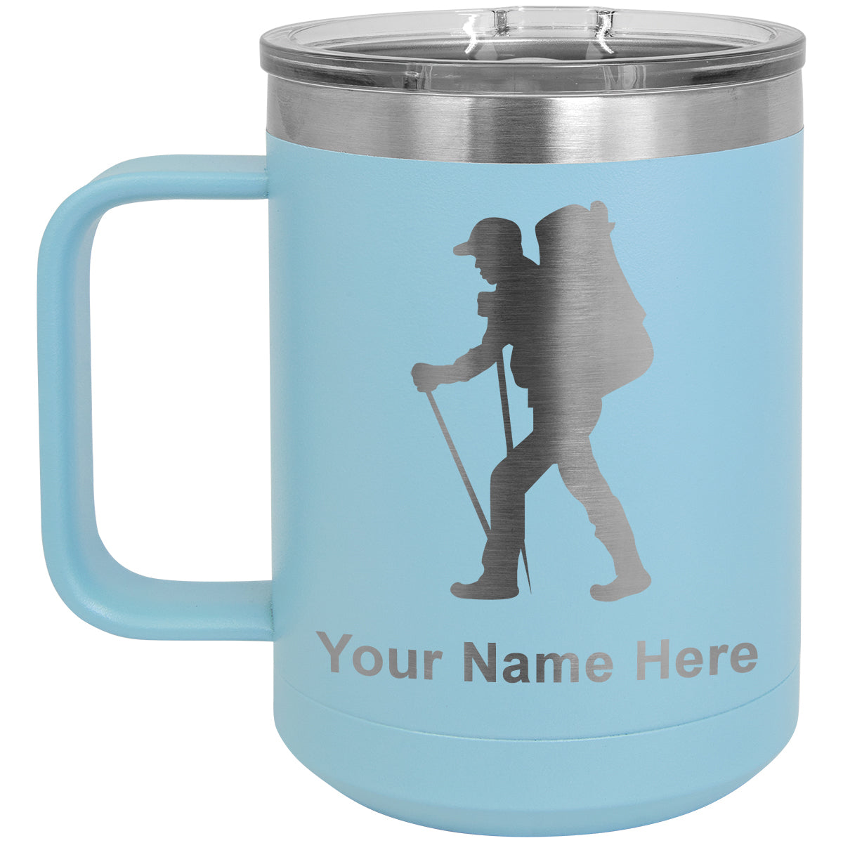 15oz Vacuum Insulated Coffee Mug, Hiker Man, Personalized Engraving Included