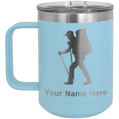 15oz Vacuum Insulated Coffee Mug, Hiker Man, Personalized Engraving Included