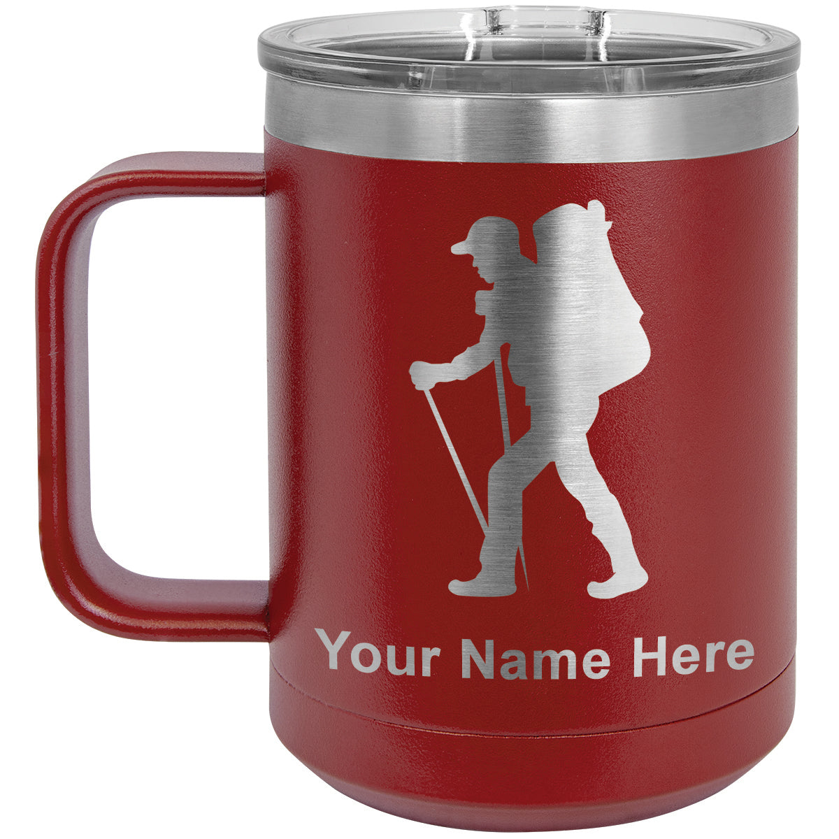 15oz Vacuum Insulated Coffee Mug, Hiker Man, Personalized Engraving Included