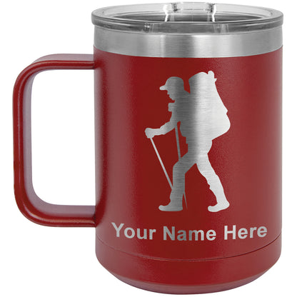 15oz Vacuum Insulated Coffee Mug, Hiker Man, Personalized Engraving Included
