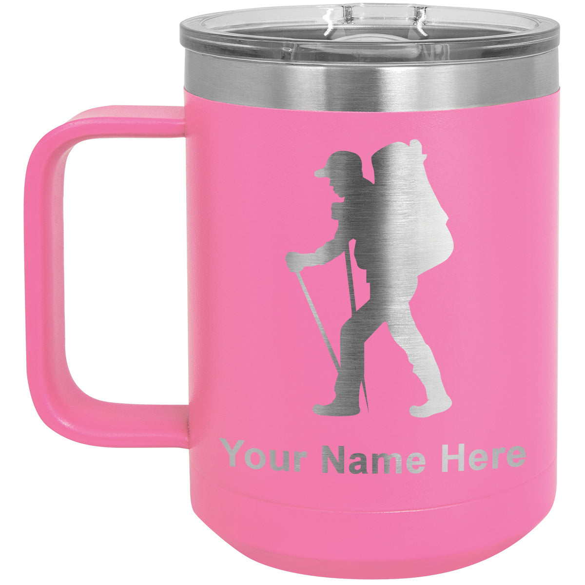 15oz Vacuum Insulated Coffee Mug, Hiker Man, Personalized Engraving Included