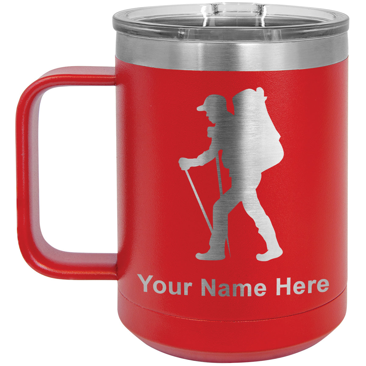15oz Vacuum Insulated Coffee Mug, Hiker Man, Personalized Engraving Included