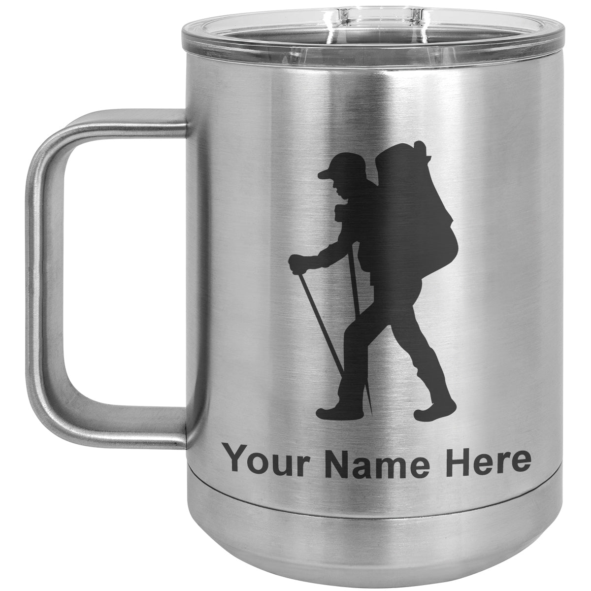 15oz Vacuum Insulated Coffee Mug, Hiker Man, Personalized Engraving Included