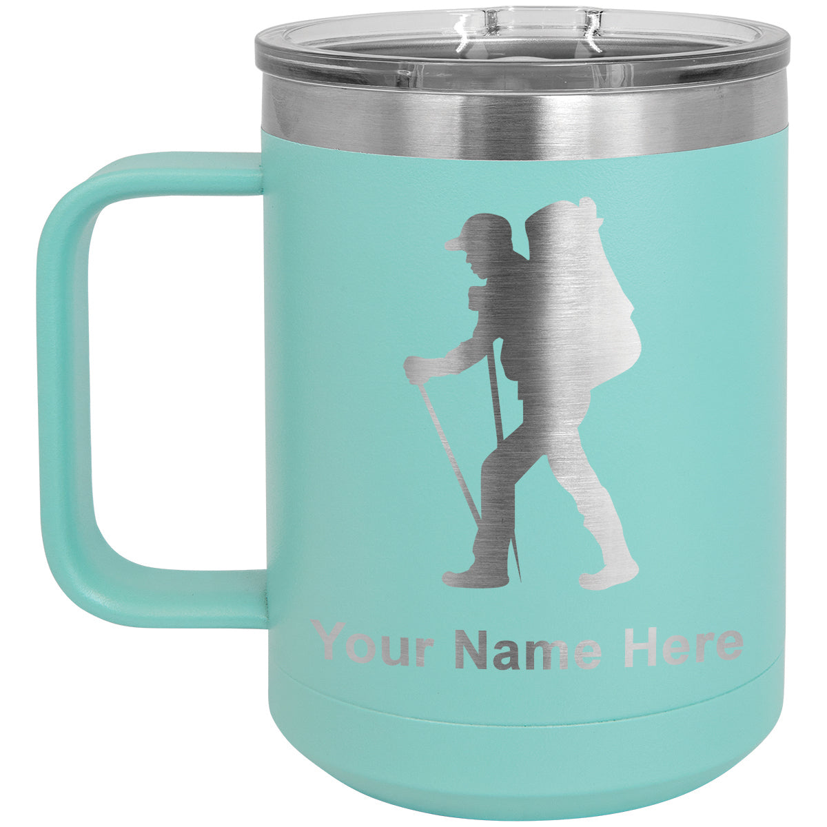 15oz Vacuum Insulated Coffee Mug, Hiker Man, Personalized Engraving Included