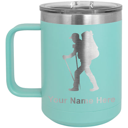 15oz Vacuum Insulated Coffee Mug, Hiker Man, Personalized Engraving Included