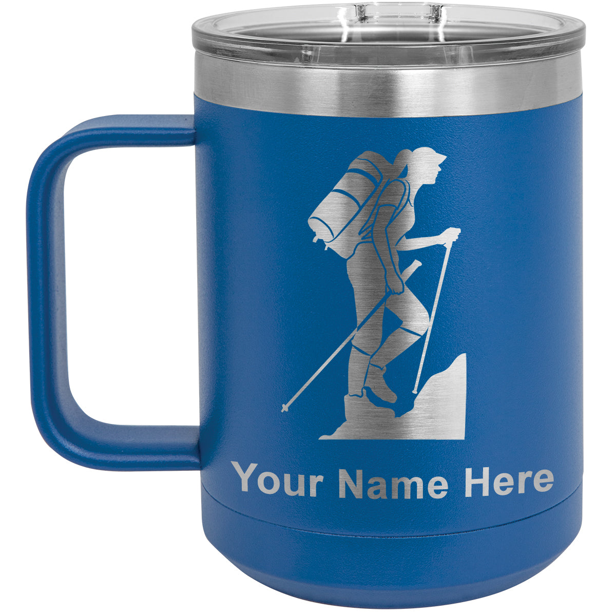 15oz Vacuum Insulated Coffee Mug, Hiker Woman, Personalized Engraving Included