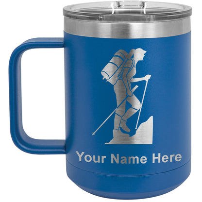 15oz Vacuum Insulated Coffee Mug, Hiker Woman, Personalized Engraving Included