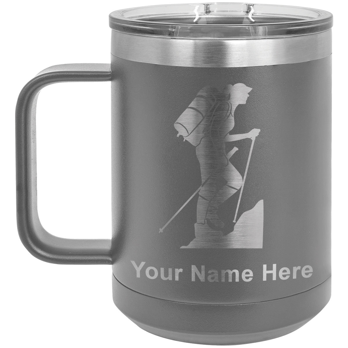 15oz Vacuum Insulated Coffee Mug, Hiker Woman, Personalized Engraving Included