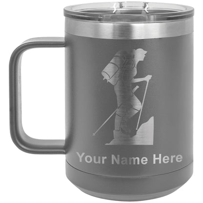 15oz Vacuum Insulated Coffee Mug, Hiker Woman, Personalized Engraving Included