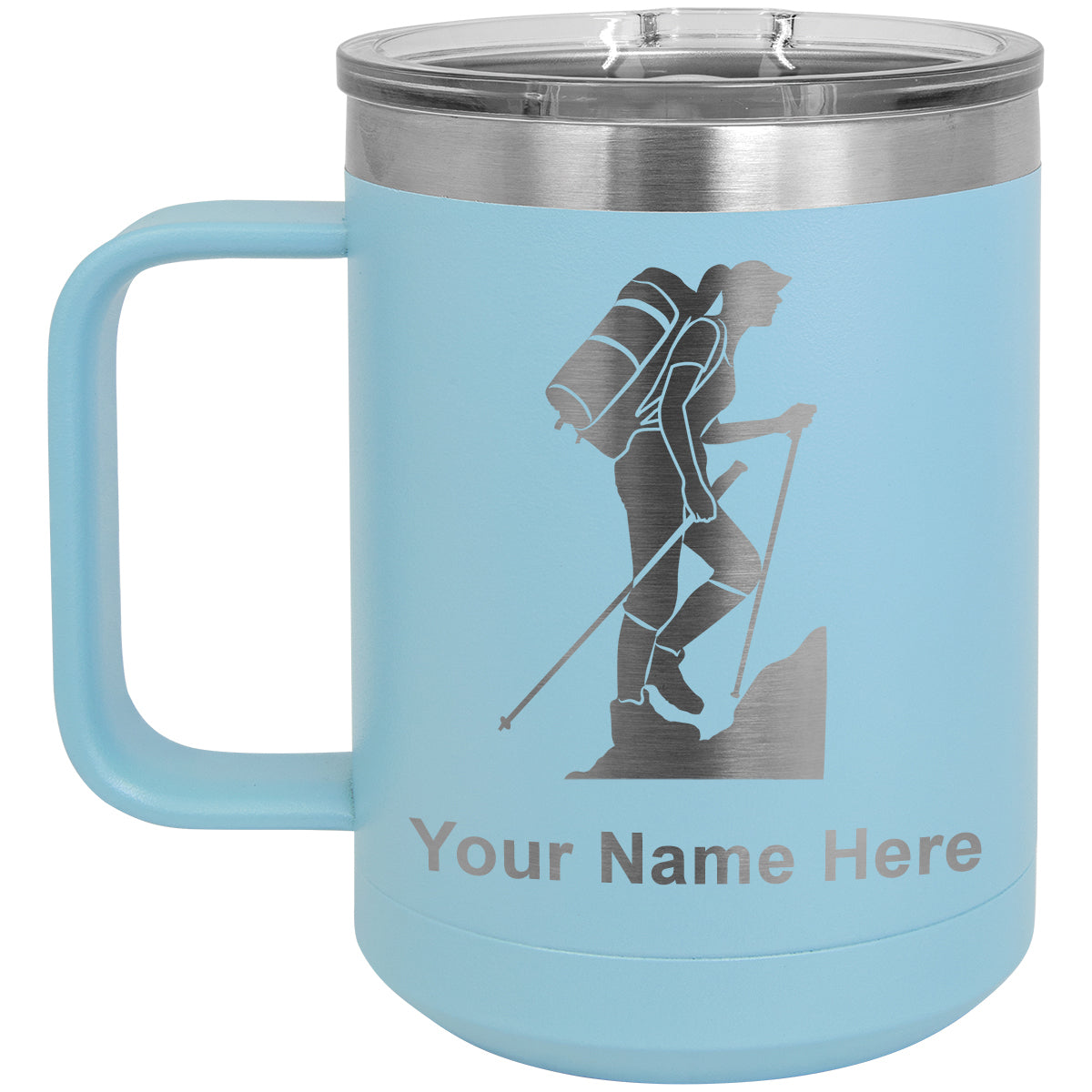 15oz Vacuum Insulated Coffee Mug, Hiker Woman, Personalized Engraving Included