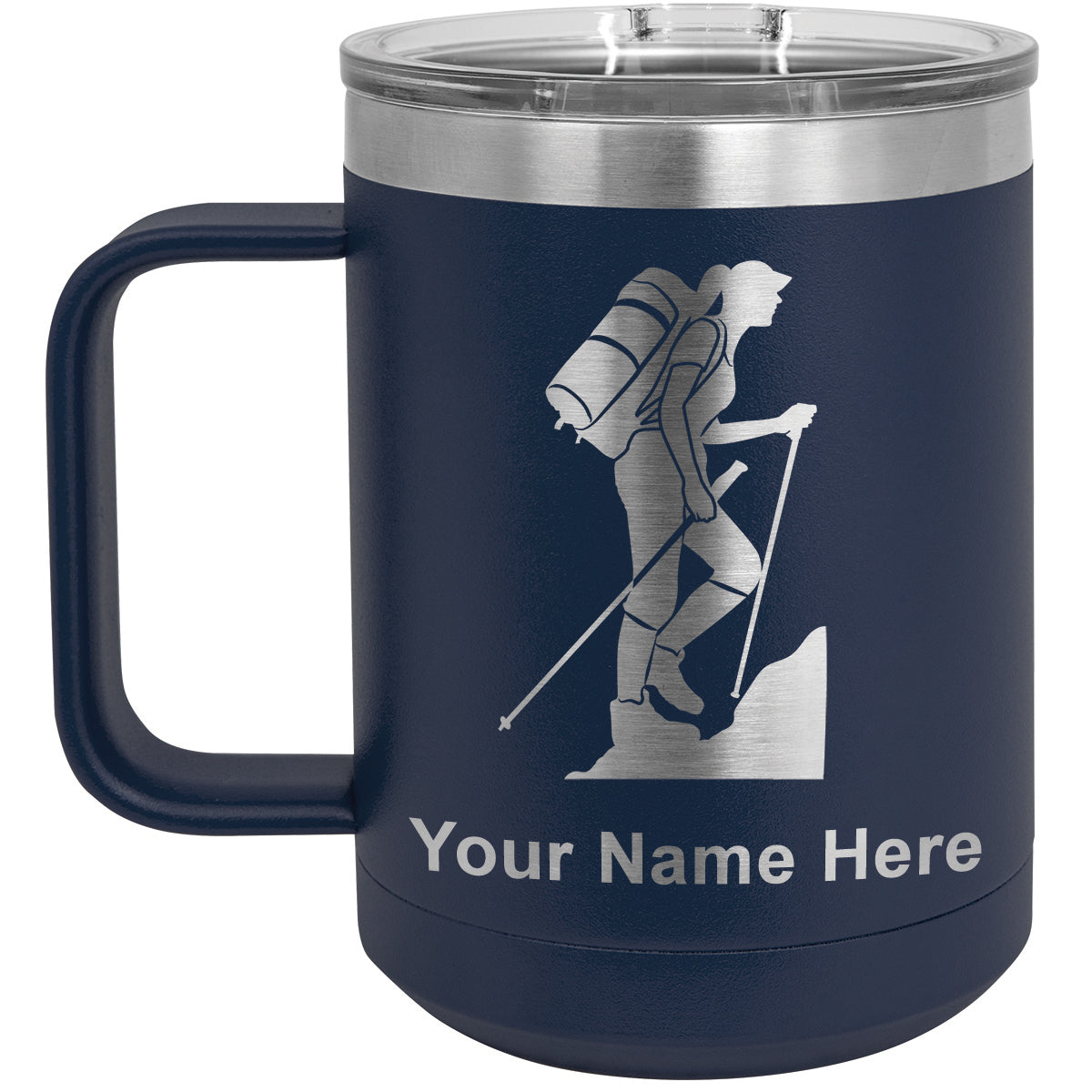 15oz Vacuum Insulated Coffee Mug, Hiker Woman, Personalized Engraving Included