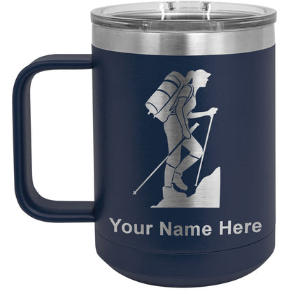 15oz Vacuum Insulated Coffee Mug, Hiker Woman, Personalized Engraving Included