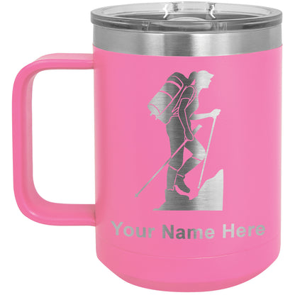 15oz Vacuum Insulated Coffee Mug, Hiker Woman, Personalized Engraving Included