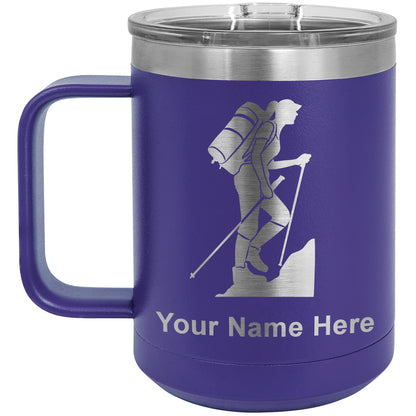 15oz Vacuum Insulated Coffee Mug, Hiker Woman, Personalized Engraving Included