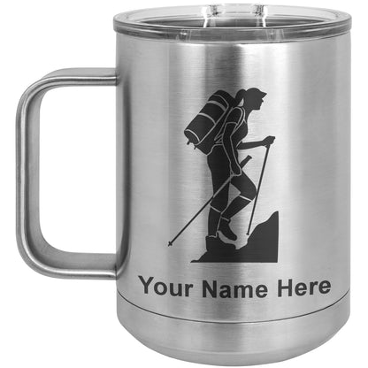15oz Vacuum Insulated Coffee Mug, Hiker Woman, Personalized Engraving Included