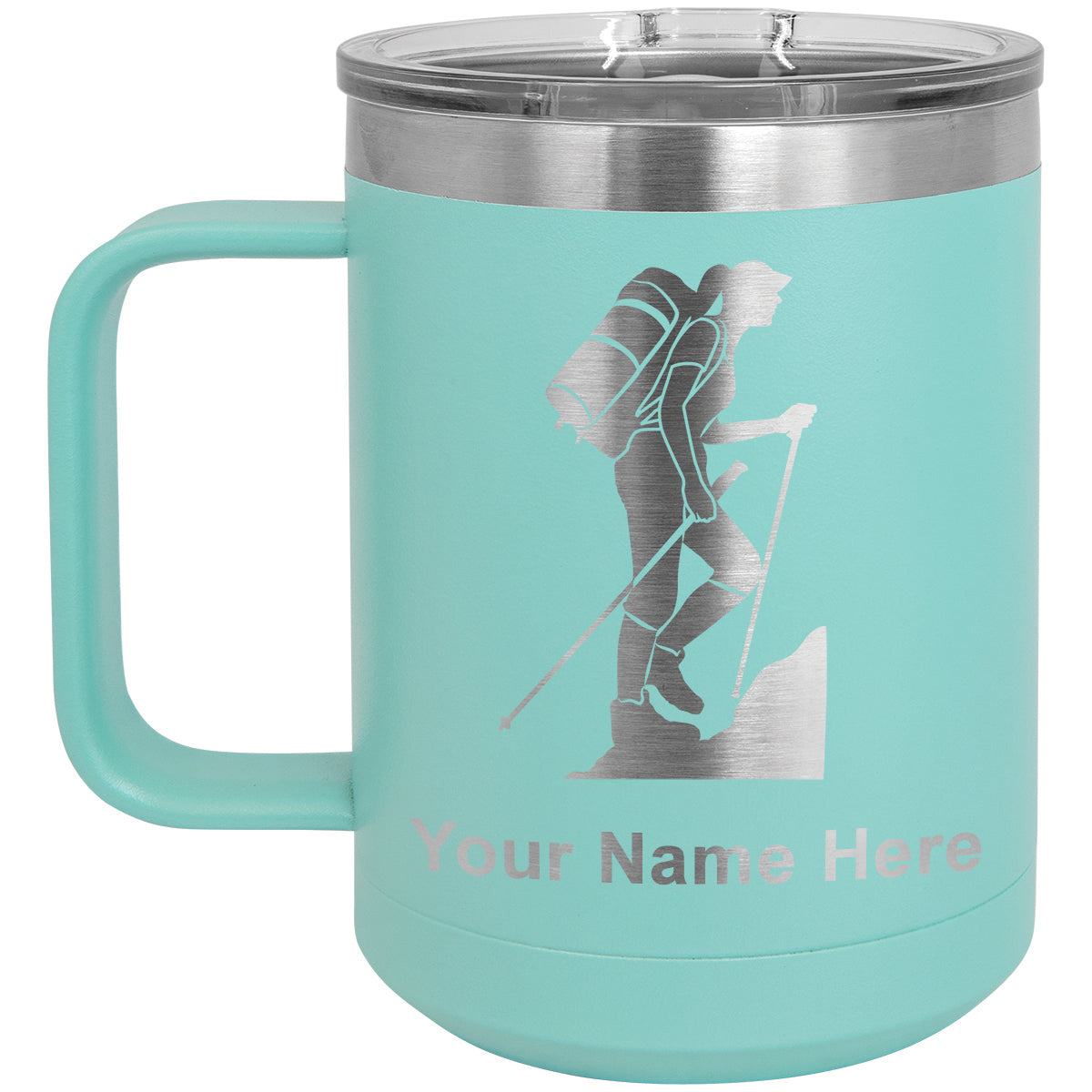 15oz Vacuum Insulated Coffee Mug, Hiker Woman, Personalized Engraving Included