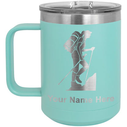 15oz Vacuum Insulated Coffee Mug, Hiker Woman, Personalized Engraving Included