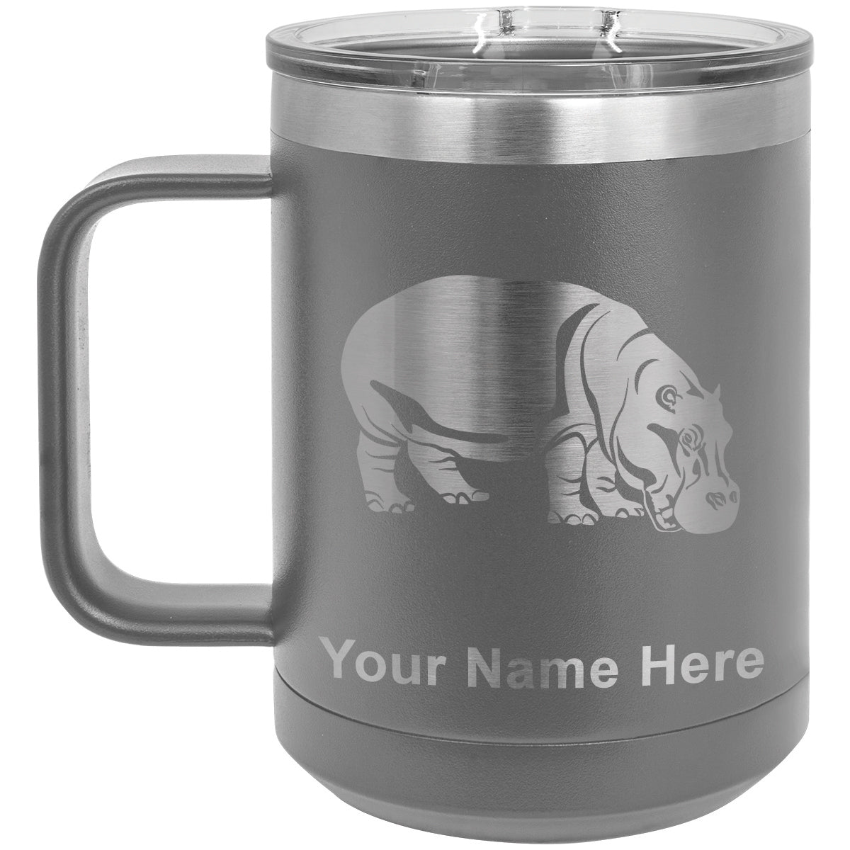 15oz Vacuum Insulated Coffee Mug, Hippopotamus, Personalized Engraving Included