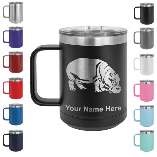 15oz Vacuum Insulated Coffee Mug, Hippopotamus, Personalized Engraving Included