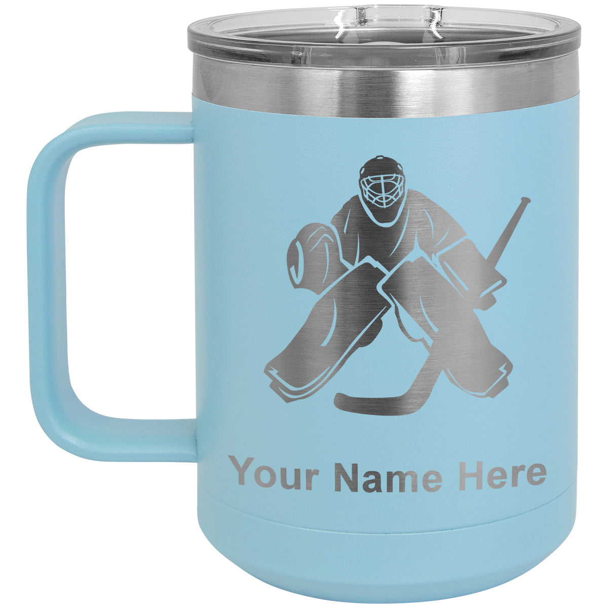 15oz Vacuum Insulated Coffee Mug, Hockey Goalie, Personalized Engraving Included